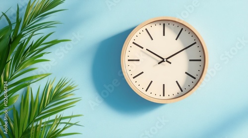 Wallpaper Mural Simple Clock on Blue Wall with Indoor Plant for Minimalist Decor Torontodigital.ca
