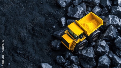 Yellow mining truck hauling ore, dark rock background, industrial setting, resource extraction photo