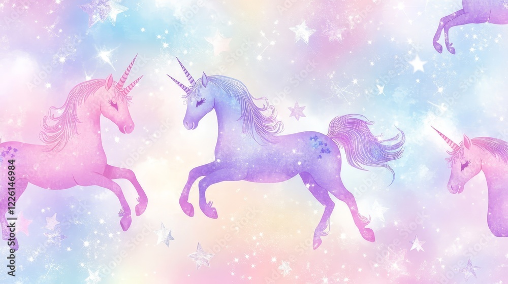 Fototapeta premium A scene depicting pink and purple unicorns prancing amidst a starry, pastel-toned sky, evoking a sense of fantasy, magic, and childlike wonder in a storybook style.