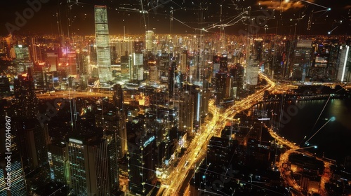 Wallpaper Mural Aerial View of a Modern City at Night with Network Connections Overlaying the Skyline Torontodigital.ca