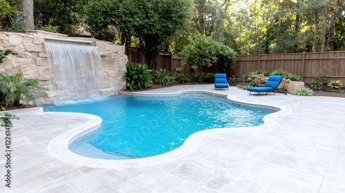 Backyard pool with waterfall, loungers, and lush greenery.  Use Real estate, lifestyle