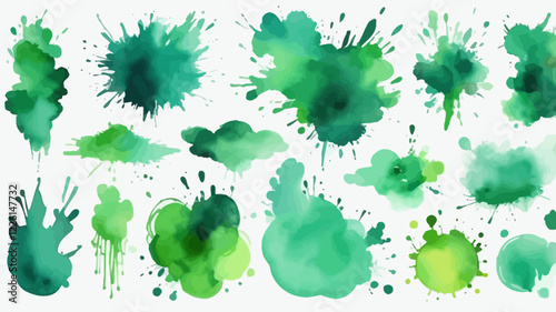 Set of abstract bright green watercolor water splashes on a white background. Vector watercolor texture in salad color. Ink paint brush stain. The bright green dot bounced. Watercolor pastel splash