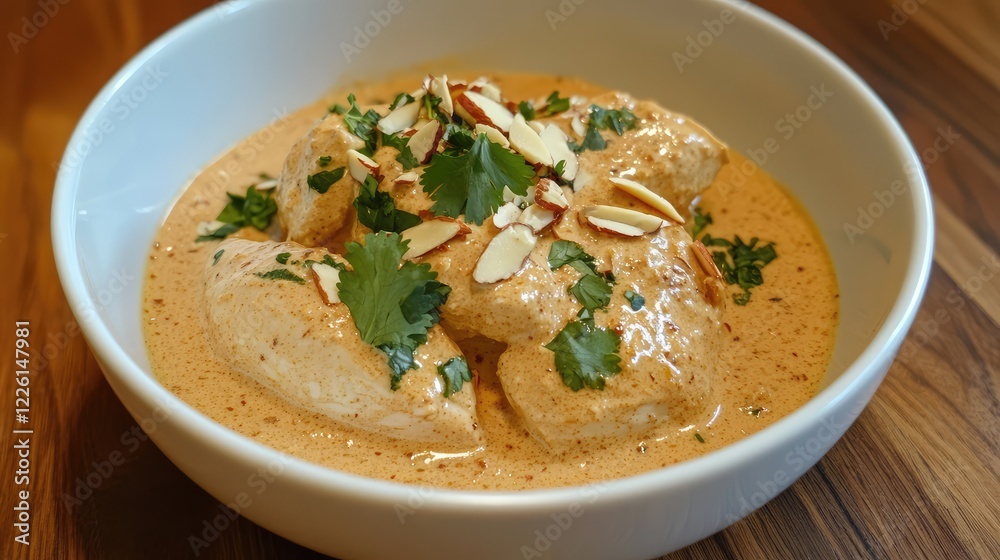 A bowl of rich and creamy chicken korma curry, garnished with slivered almonds and cilantro, placed on a wooden table. A bowl of rich and creamy chicken korma curry, garnished with slivered almonds and cilantro, placed on a wooden table.
