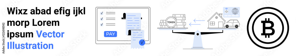 Digital payment screen, blockchain grid, house with car, balance scale, and Bitcoin icon. Ideal for finance, cryptocurrency, technology banking economy investment and business trends. Abstract Digital payment screen, blockchain grid, house with car, balance scale, and Bitcoin icon. Ideal for finance, cryptocurrency, technology banking economy investment and business trends. Abstract