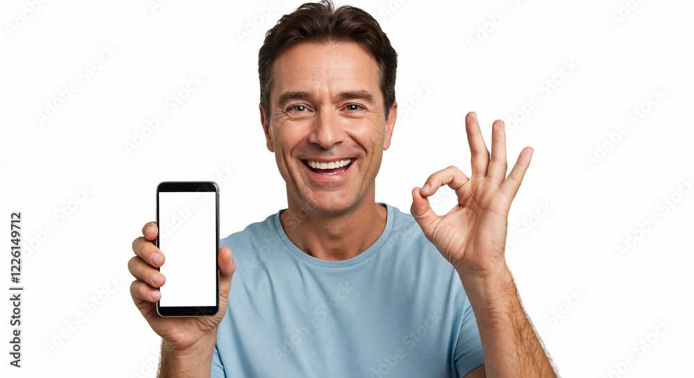 Handsome man showing smartphone in hand and OK gesture on white background
Handsome man showing smartphone in hand and OK gesture on white background