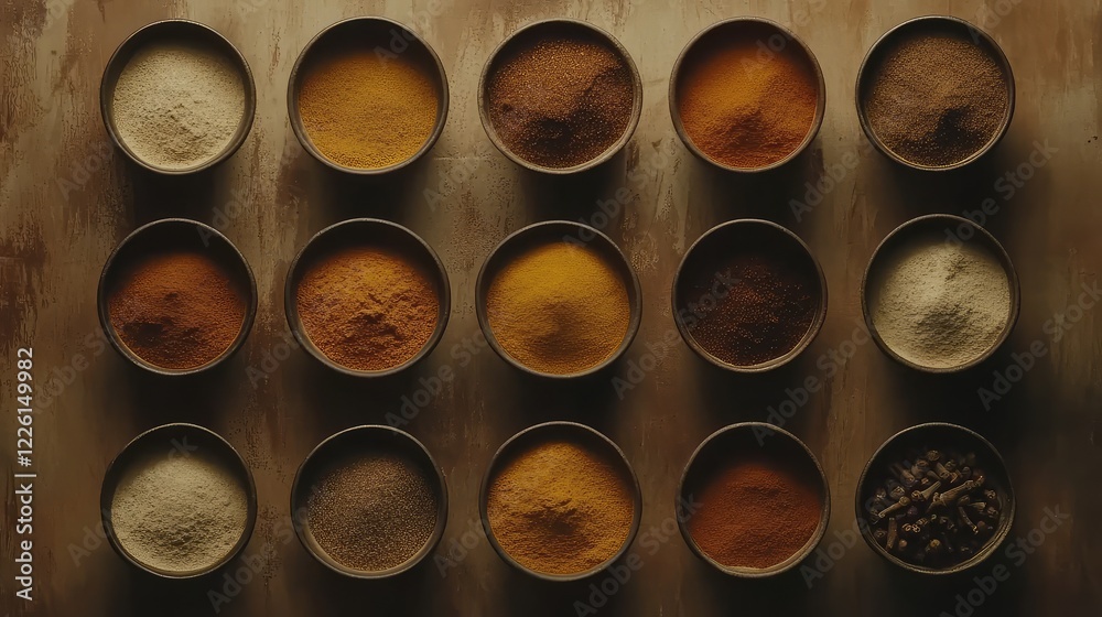 A top-down view of ground Indian spices like turmeric, cumin, and garam masala arranged neatly in small bowls, with open space surrounding them. A top-down view of ground Indian spices like turmeric, cumin, and garam masala arranged neatly in small bowls, with open space surrounding them.