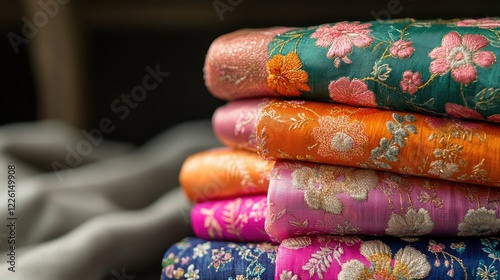 A stack of richly embroidered lehengas in bright colors, styled on a soft fabric background. photo