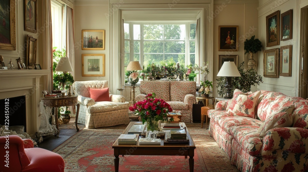 Fototapeta premium Sunlit living room, floral decor, country house, calm atmosphere, interior design
