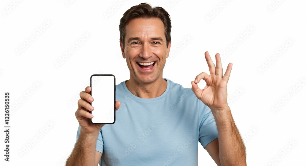 Handsome man showing smartphone in hand and OK gesture on white background
Handsome man showing smartphone in hand and OK gesture on white background