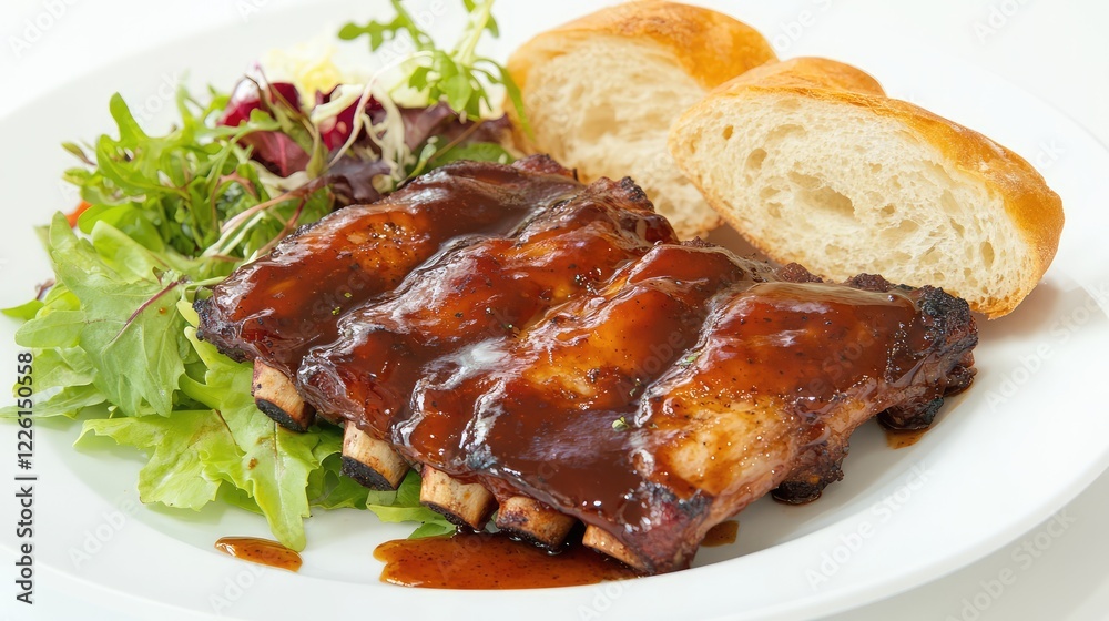 Barbecue ribs with a honey glaze, served alongside a fresh salad and crispy bread, styled for modern food photography. Barbecue ribs with a honey glaze, served alongside a fresh salad and crispy bread, styled for modern food photography.