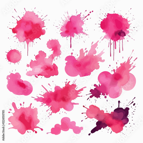 Set of abstract bright pink watercolor splashes on a white background. Vector watercolor texture in salad color. Ink paint brush stain. The bright pink dot bounced. Watercolor pastel splash