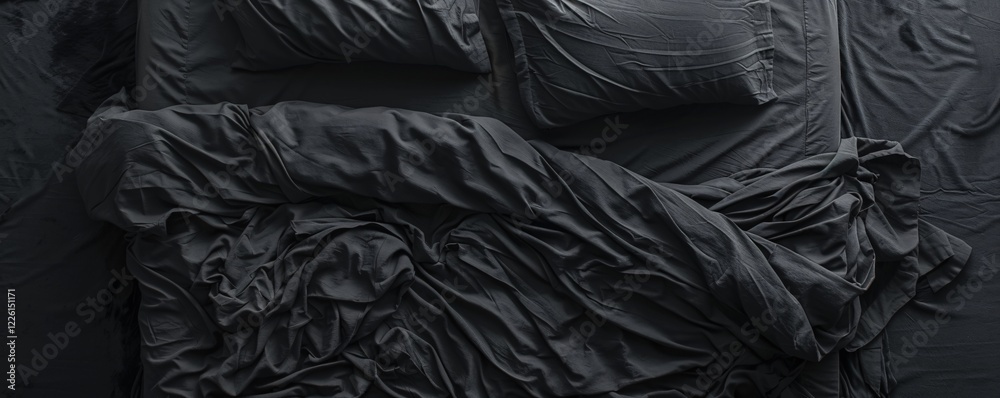 Fototapeta premium Abstract pattern created by unmade bed with dark gray sheets
