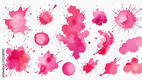 Set of abstract bright pink watercolor splashes on a white background. Vector watercolor texture in salad color. Ink paint brush stain. The bright pink dot bounced. Watercolor pastel splash