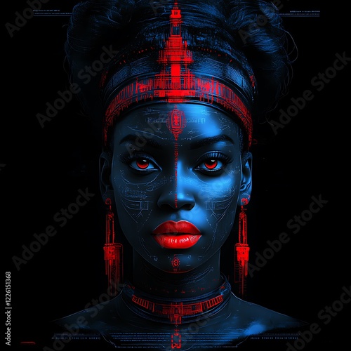 Cybernetic African Queen Portrait, Digital Art, Dark Background