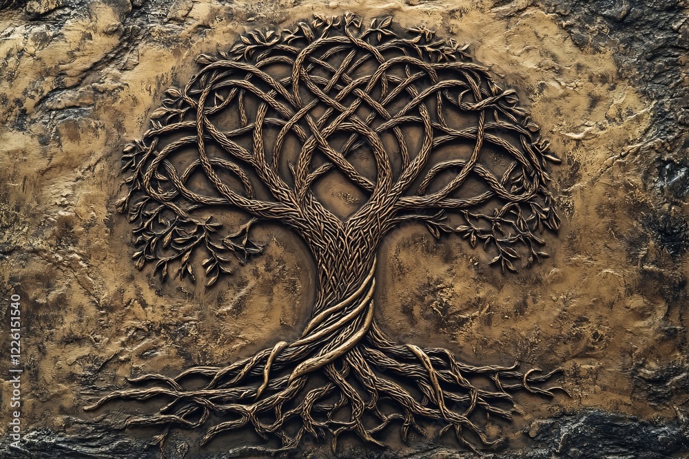 Ταπετσαρία An impressive tree sculpture made from detailed knotted designs, showcasing artistry and craftsmanship, representing life's interconnectedness and enduring nature