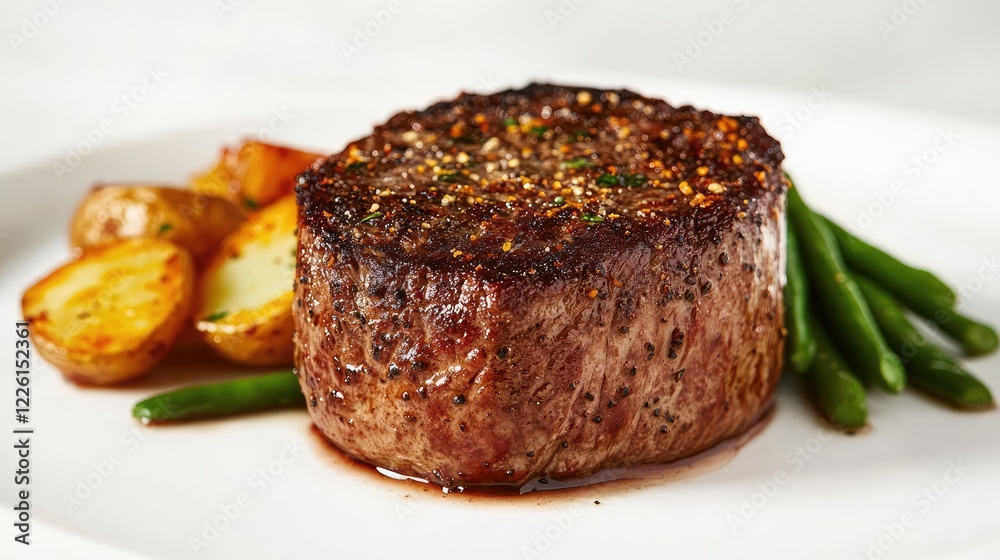 Perfectly cooked venison steak with a seared crust, served with roasted potatoes and green beans on a neutral background. Perfectly cooked venison steak with a seared crust, served with roasted potatoes and green beans on a neutral background.
