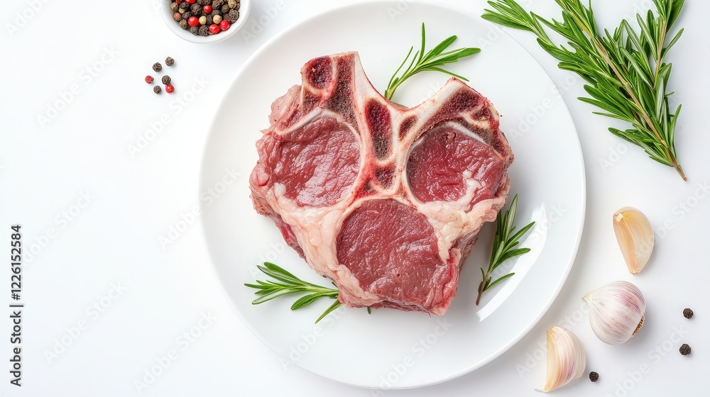 Raw lamb shank placed on a clean white plate, surrounded by fresh herbs, garlic, and peppercorns, isolated with ample white copy space. Top view. Raw lamb shank placed on a clean white plate, surrounded by fresh herbs, garlic, and peppercorns, isolated with ample white copy space. Top view.