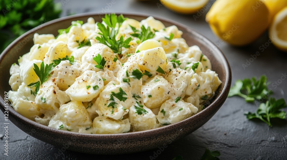 Creamy Pasta Salad with Lemon and Fresh Herbs in Rustic Bowl Creamy Pasta Salad with Lemon and Fresh Herbs in Rustic Bowl