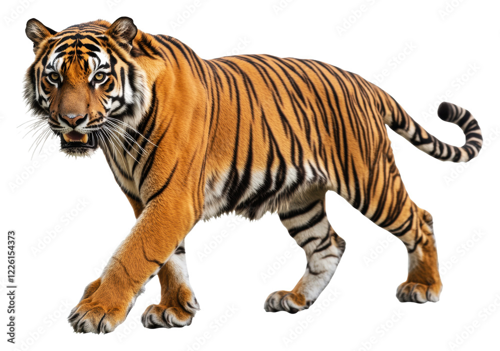 Fototapeta premium Majestic tiger walking through its habitat isolated on transparent background