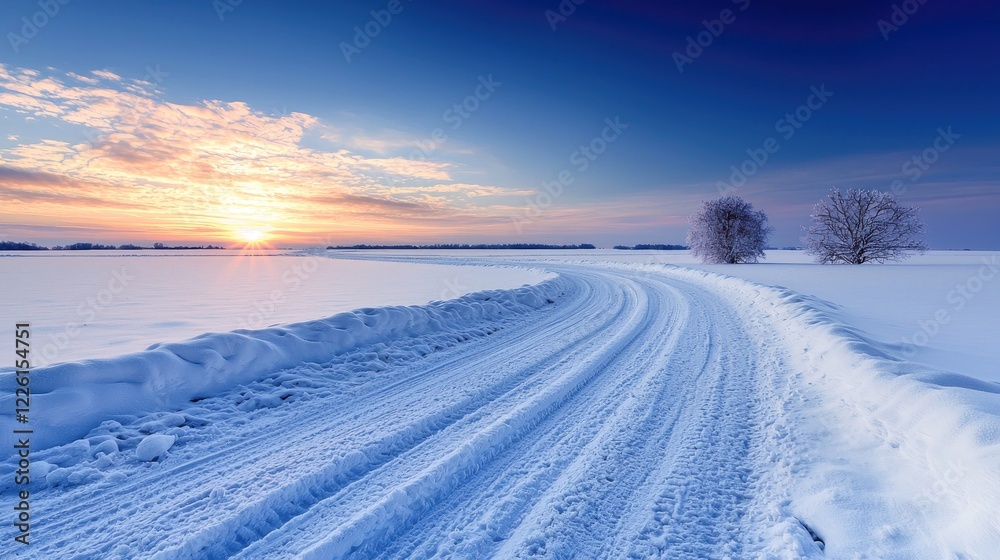 Winter sunrise over snowy road curving through field. Use Winter landscape, travel brochure Winter sunrise over snowy road curving through field. Use Winter landscape, travel brochure