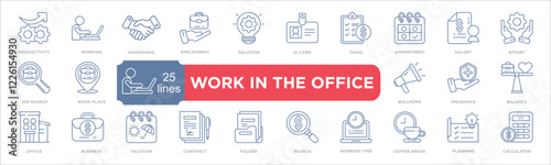 Set of Workplace Icons Illustrating Office Tasks and Professional Themes