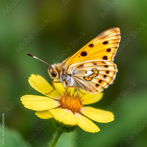 Pelopidas skipper butterfly on yellow flower in Florida nature, closeup photo