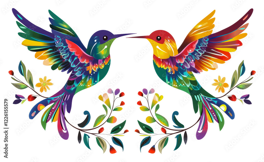 Obraz premium Vibrant hummingbirds in colorful artistic design isolated on transparent background