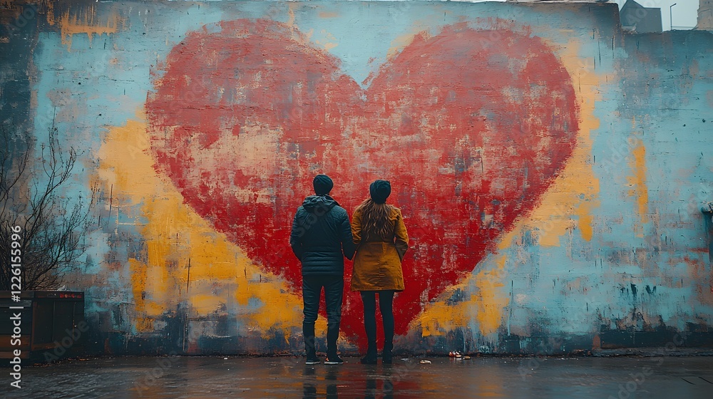 Obraz premium Couple Holding Hands While Admiring a Heart Mural on a City Wall