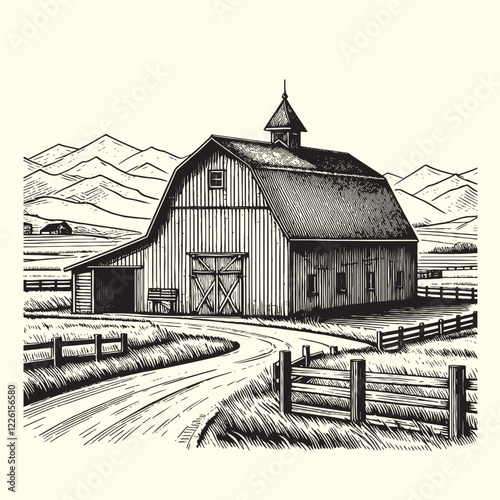 Hand-drawn Farm, ranch, barn house illustration