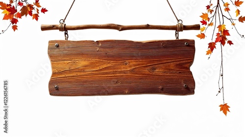 Rustic wooden signboard hanging amid autumn leaves