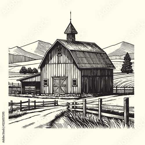 Hand-drawn Farm, ranch, barn house illustration