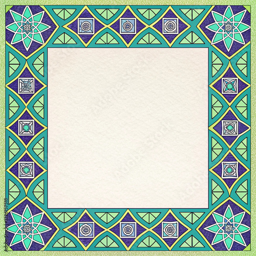 Geometric Border Pattern with Paper Texture and Vibrant Earthy Cool Palette