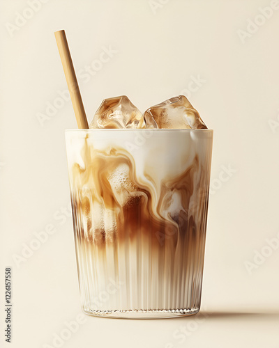 Refreshing iced coffee drink with a beautiful marbled effect, served in a ribbed glass with ice and a straw.