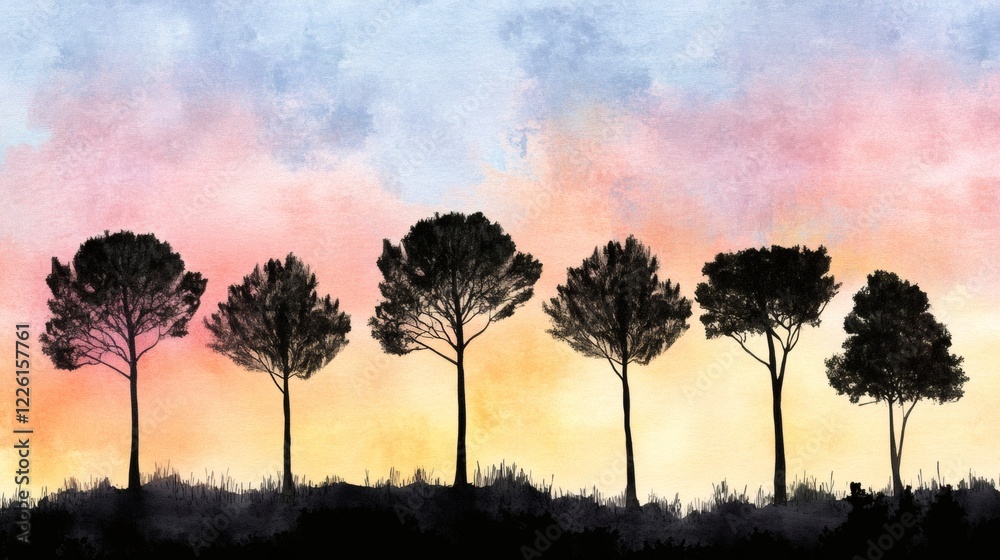 Serene Sunset Silhouette Six Pine Trees at Dusk Serene Sunset Silhouette Six Pine Trees at Dusk