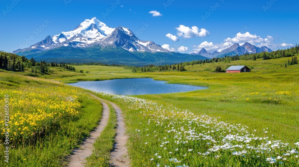 Obraz premium Winding dirt path leads through a vibrant wildflower meadow toward a serene alpine lake and majestic snow-capped mountain peak on a sunny day.