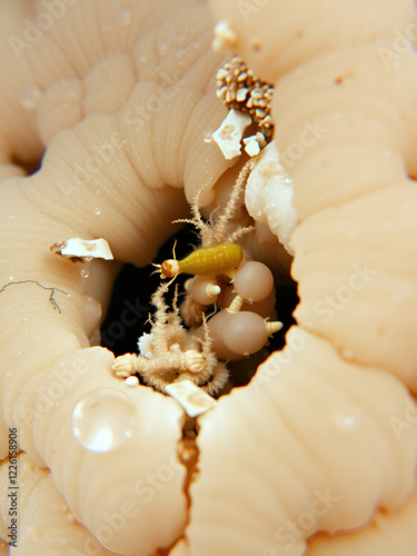 A close up of a delicate coral structure dissolving under the effects of acidified ocean water, with marine organisms trying to adapt photo