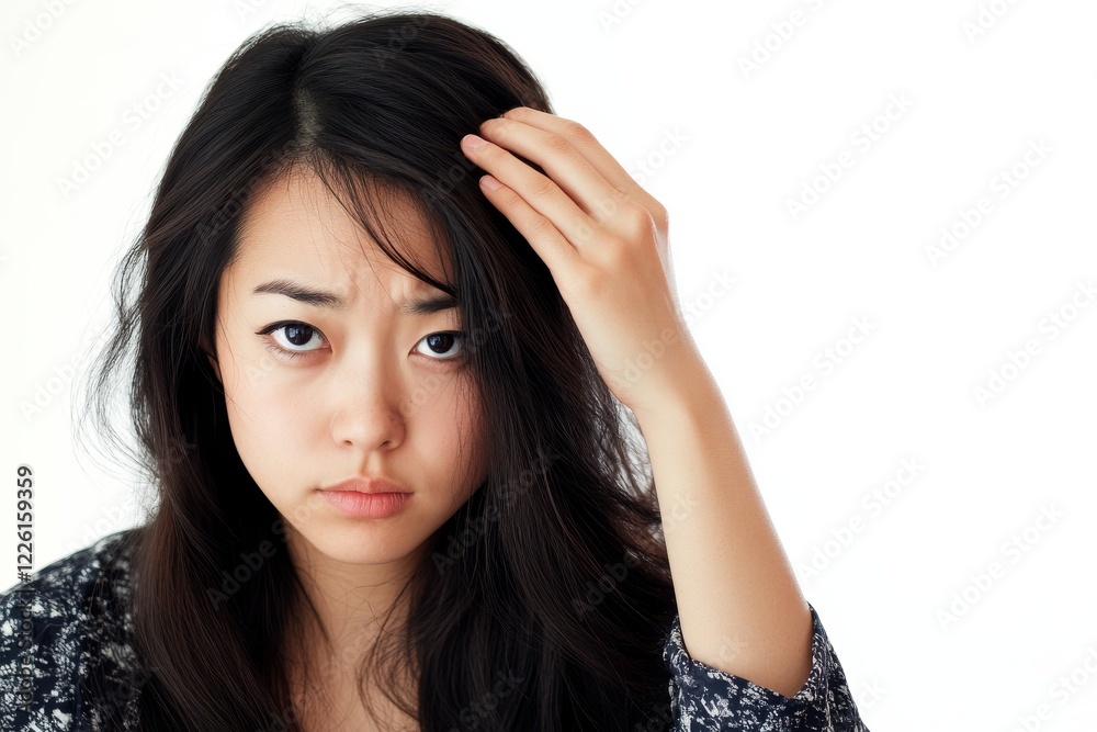 A young woman with long, dark hair is looking directly at the camera, showing a serious expression while adjusting her hair with one hand. A young woman with long, dark hair is looking directly at the camera, showing a serious expression while adjusting her hair with one hand.