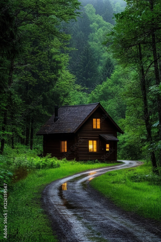 A cozy cabin nestled in lush greenery, surrounded by tall trees and a winding path. A cozy cabin nestled in lush greenery, surrounded by tall trees and a winding path.
