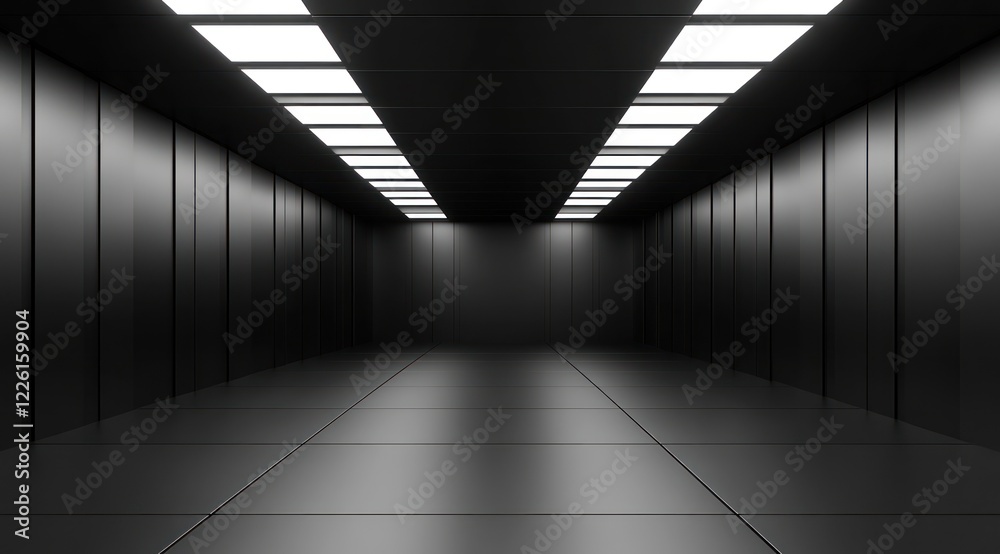 Obraz premium Dark, sleek corridor with bright ceiling lights.