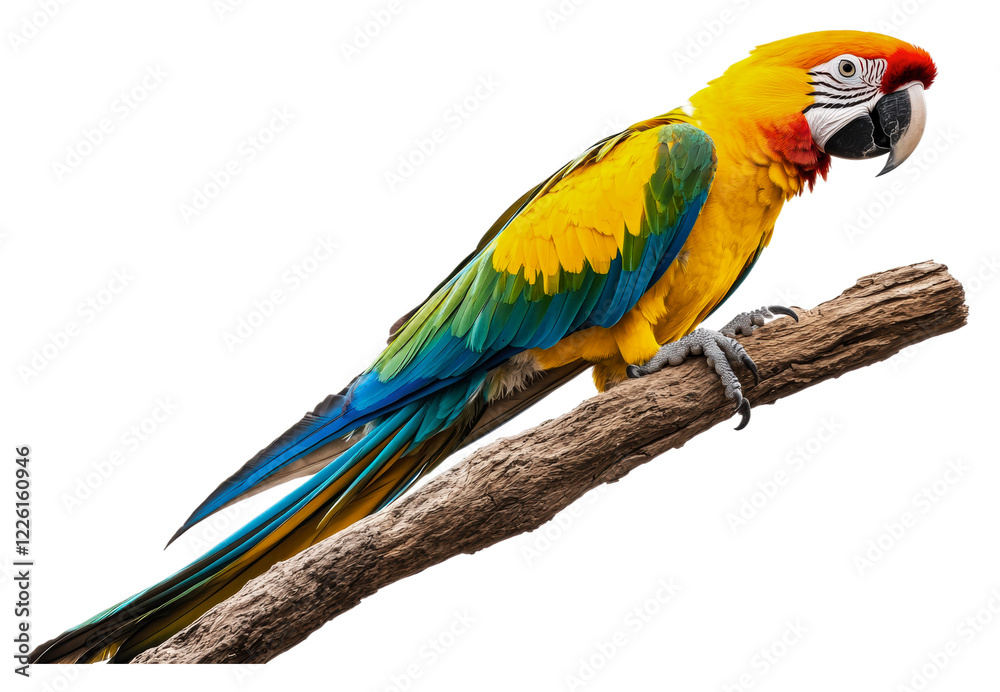 Fototapeta premium Vibrant parrot on a sunlit branch isolated on transparent background