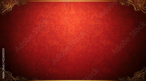 A luxurious red background with intricate oriental-style patterns, featuring a golden rectangular frame with rounded edges and an empty copy space in the center, perfect for festiv photo