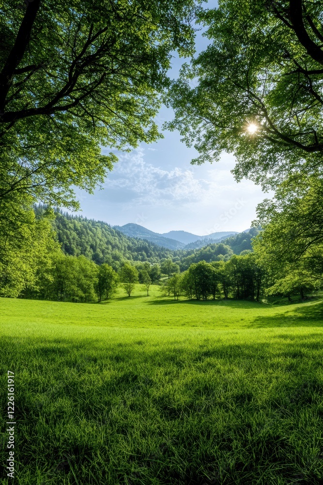 Obraz premium A breathtaking view of lush greenery framed by trees, leading to rolling hills beneath a clear blue sky, offering a tranquil escape into nature’s beauty.