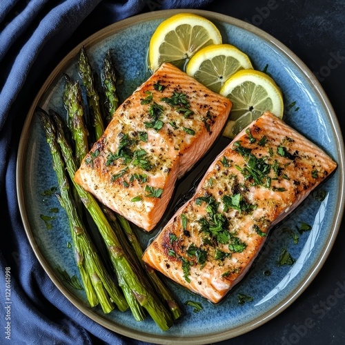 Two seasoned salmon fillets laid on asparagus, accentuated by lemon slices on a blue plate, combine for a delectable and visually appealing seafood dish. photo