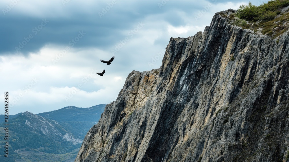 Two dark birds soar against a cloudy sky near a steep rocky cliff face