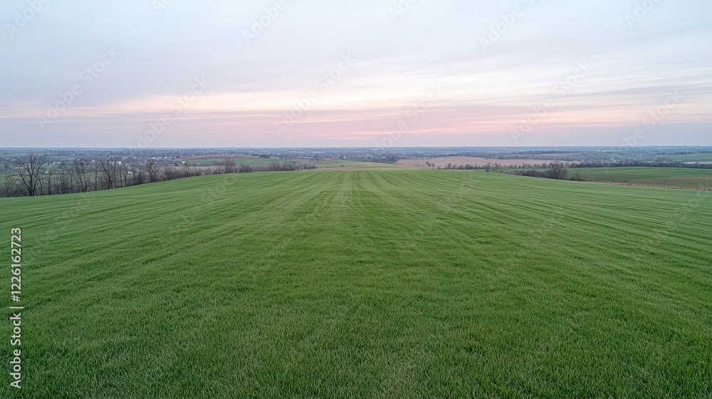 Fototapeta premium Green agricultural field stretching towards the horizon under a soft pastel sunset sky.