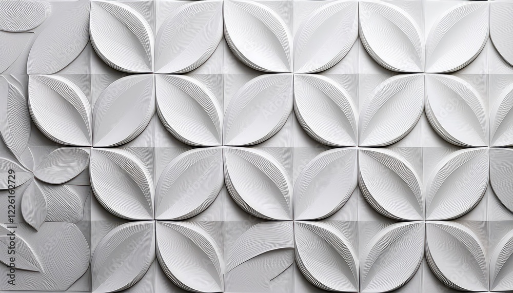 Stunning White Geometric Leaf Patterns in a 3D Textured Background Panorama, Creating a Modern and Minimalist Artistic Landscape for Interior Design Stunning White Geometric Leaf Patterns in a 3D Textured Background Panorama, Creating a Modern and Minimalist Artistic Landscape for Interior Design