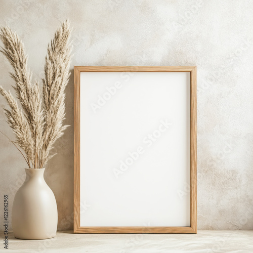 Wooden mock up poster frame on the shelf decorated with bouquet of pampas grass in a ceramic vase