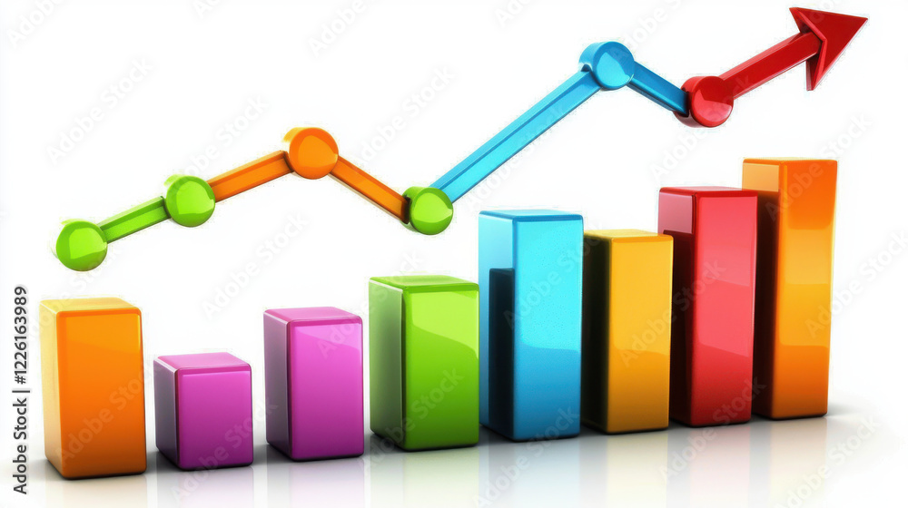 Increasing business growth represented by colorful bar graphs and lines Increasing business growth represented by colorful bar graphs and lines