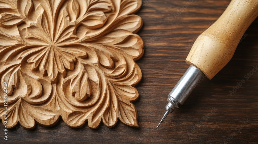 Intricate Wooden Carving with Craft Tool on Dark Wooden Background for Artisan Work Intricate Wooden Carving with Craft Tool on Dark Wooden Background for Artisan Work