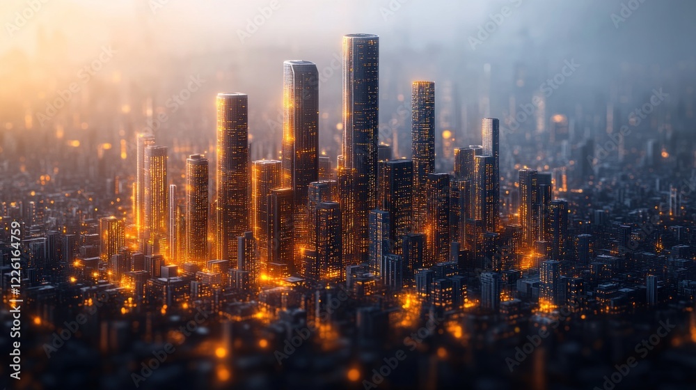 Fototapeta premium Futuristic city skyline at dawn, glowing skyscrapers.